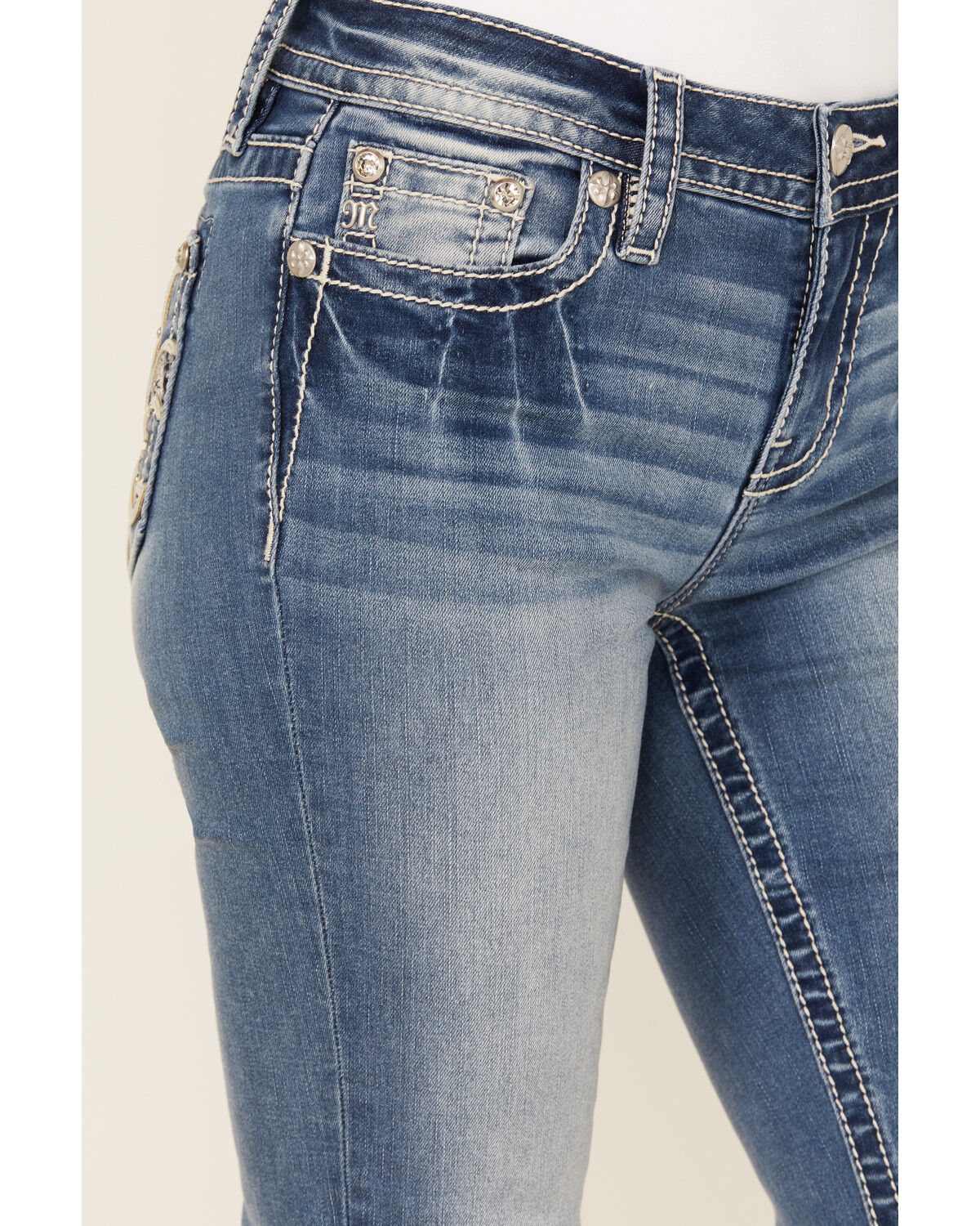 Image #4 - Miss Me Women's Fleur de Lis Medium Wash Mid Rise Bootcut Stretch Denim Jeans, Medium Wash, hi-res