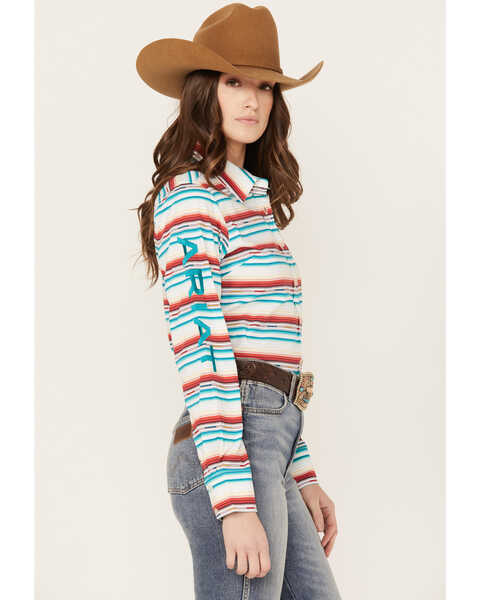 Image #1 - Ariat Women's Kirby Serape Striped Long Sleeve Button Down Stretch Western Shirt, Teal, hi-res