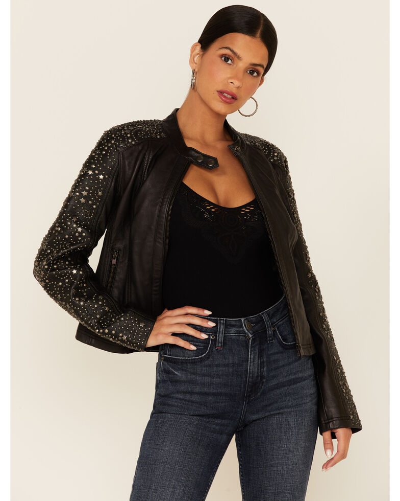 Idyllwind Women's Black Studded Sleeve Moto Leather Jacket , Black, hi-res