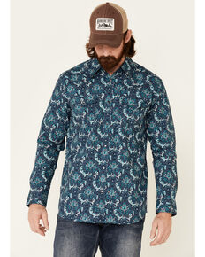 Moonshine Spirit Men's Hooligan Floral Print Long Sleeve Snap Western Shirt , Light Blue, hi-res