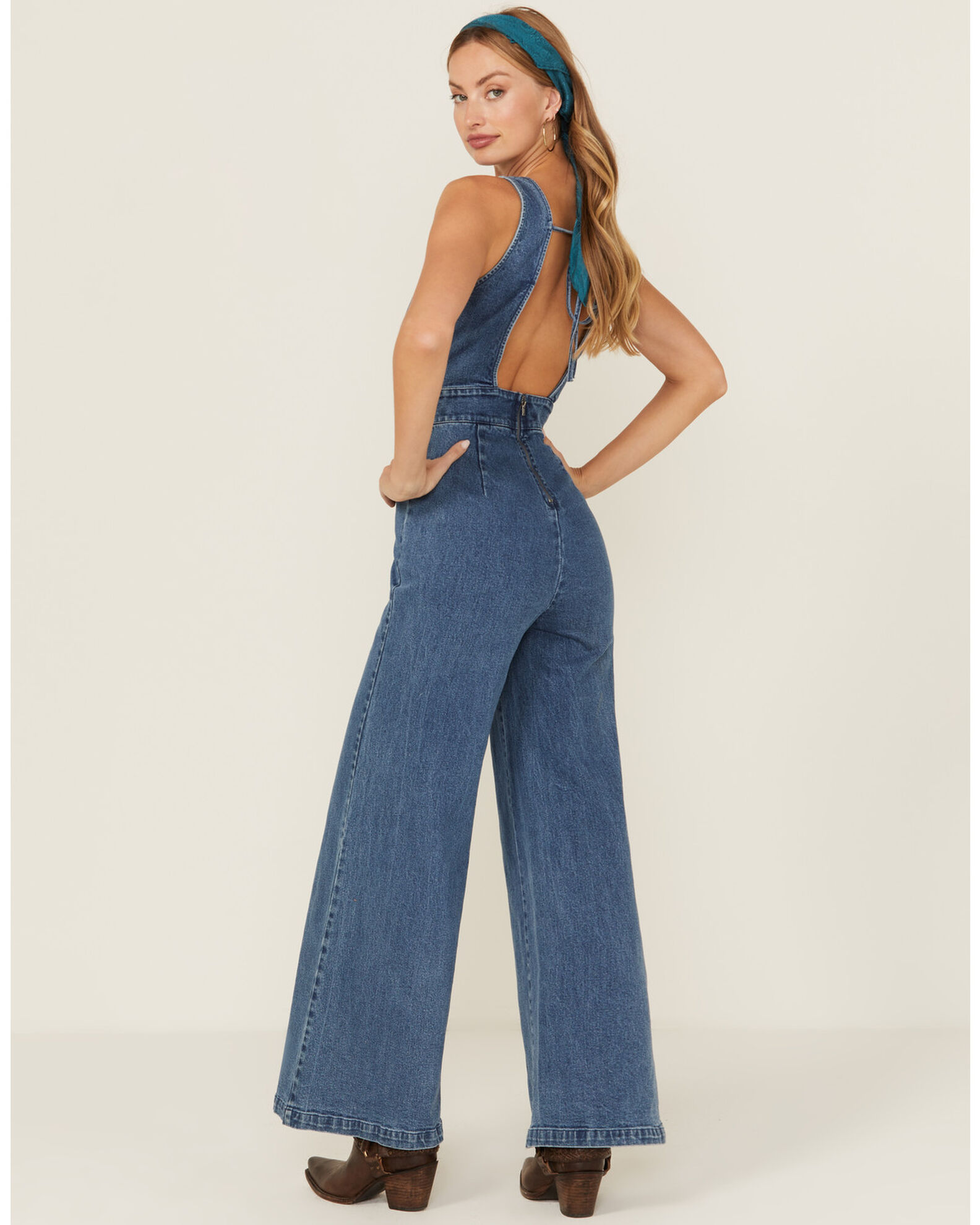 Flying Tomato Women s Denim Medium Wash Tie Back Jumpsuit Sheplers
