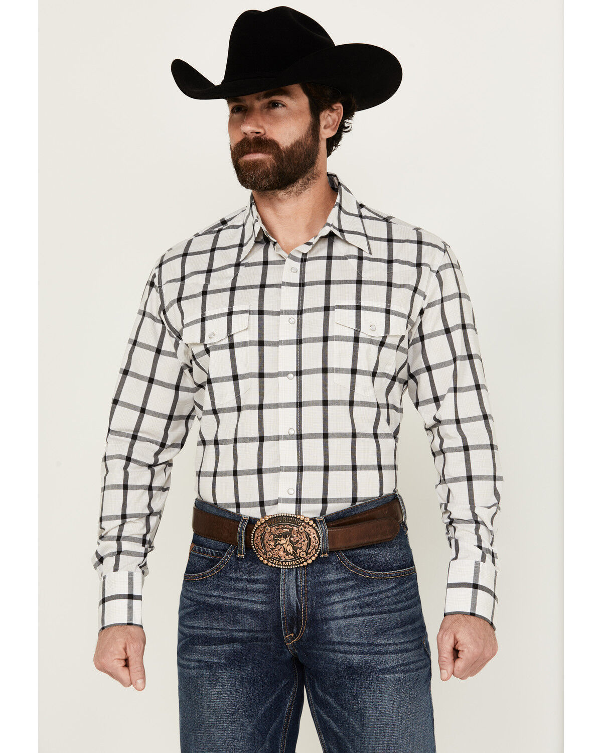 Image #1 - Wrangler Men's Plaid Print Long Sleeve pearl Snap Stretch Western Shirt, White, hi-res