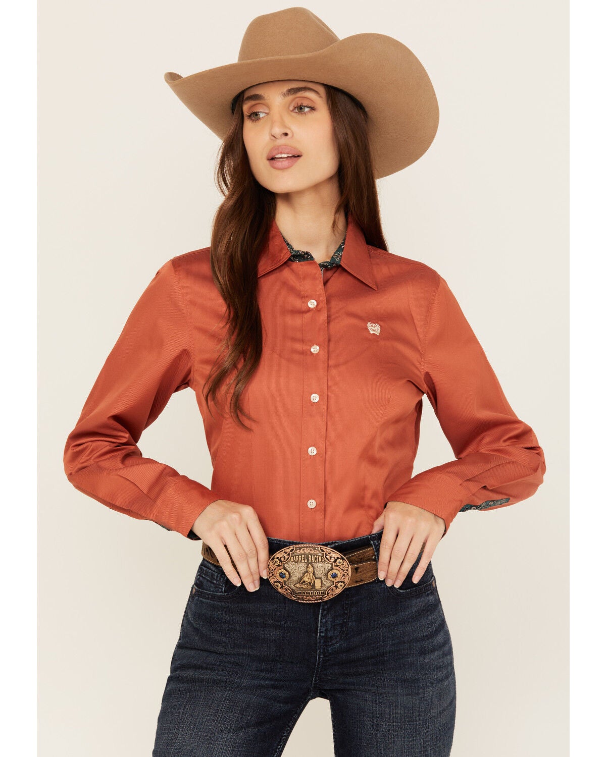 Cinch Women's Tonal Striped Long Sleeve Button-Down Western Shirt, Coral, hi-res