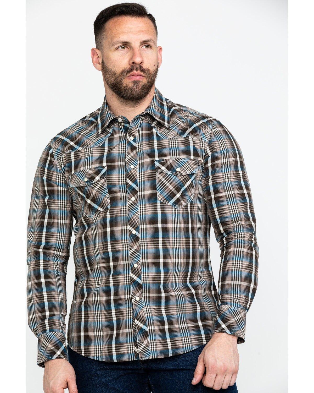 Image #1 - Rock & Roll Denim Men's Plaid Print Long Sleeve Snap Western Shirt, Teal, hi-res