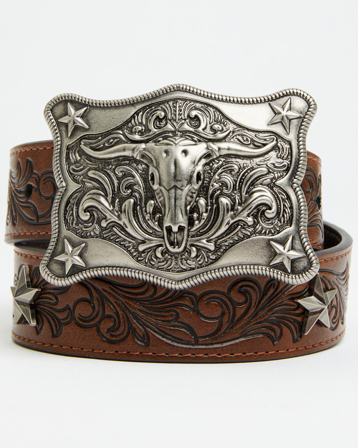 Image #1 - Cody James Boys' Longhorn Plaque Buckle with Star Concho Belt, Dark Brown, hi-res