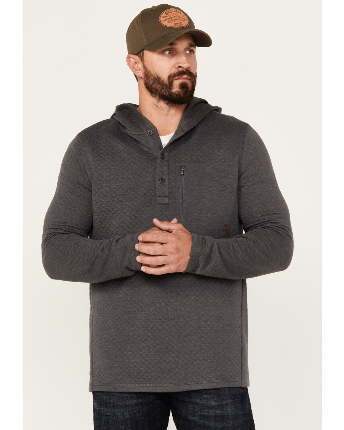 Brothers and Sons Men's Quilted Button-Down Hooded Pullover, Charcoal, hi-res