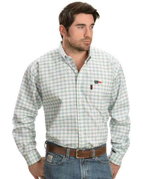 Cinch Green and White Plaid Flame Resistant Work Shirt, White, hi-res