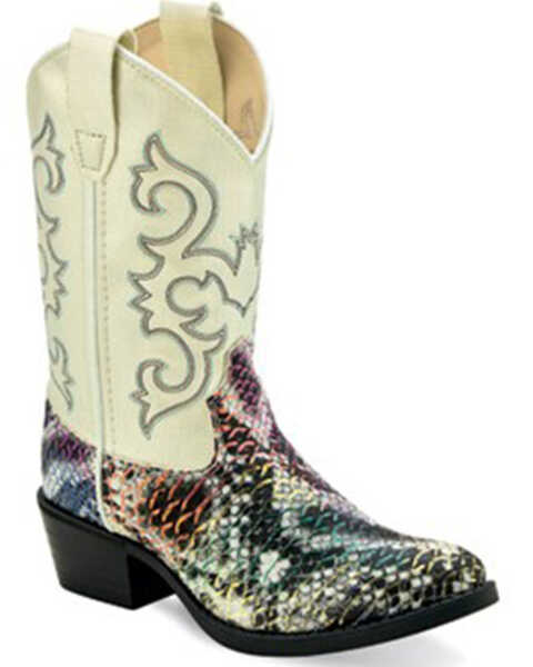 Image #1 - Old West Boys' Snake Print Western Boots - Broad Square Toe, Cream, hi-res