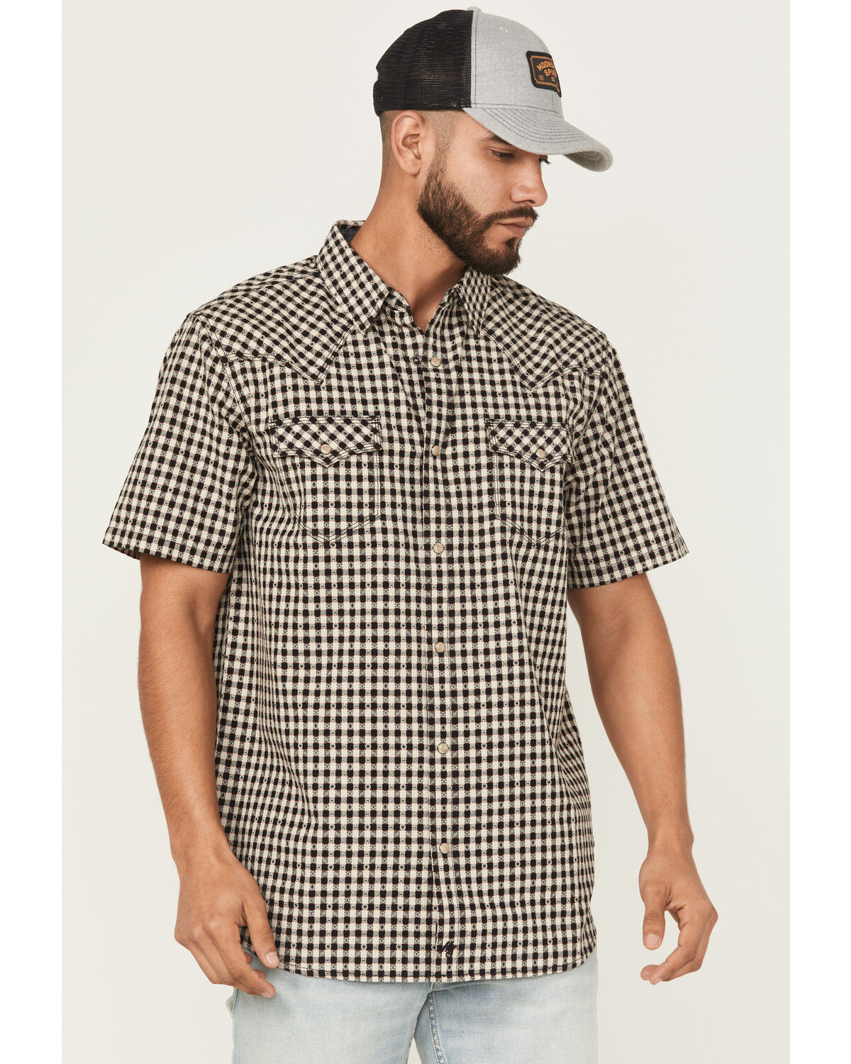 Image #1 - Moonshine Spirit Men's Checkers Plaid Print Short Sleeve Snap Western Shirt, Tan, hi-res