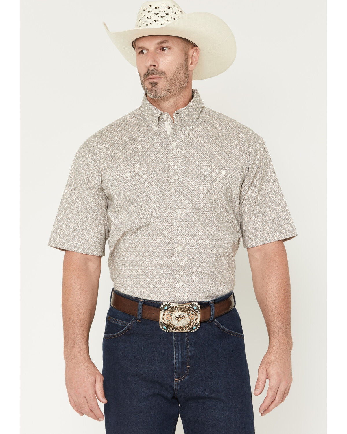 George Strait by Wrangler Men's Floral Geo Print Short Sleeve Button-Down Stretch Western Shirt, Brown, hi-res