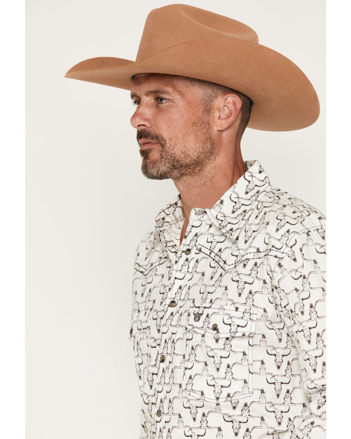 Image #2 - Cowboy Hardware Men's Hombre Skull Print Long Sleeve Snap Stretch Western Shirt, White, hi-res