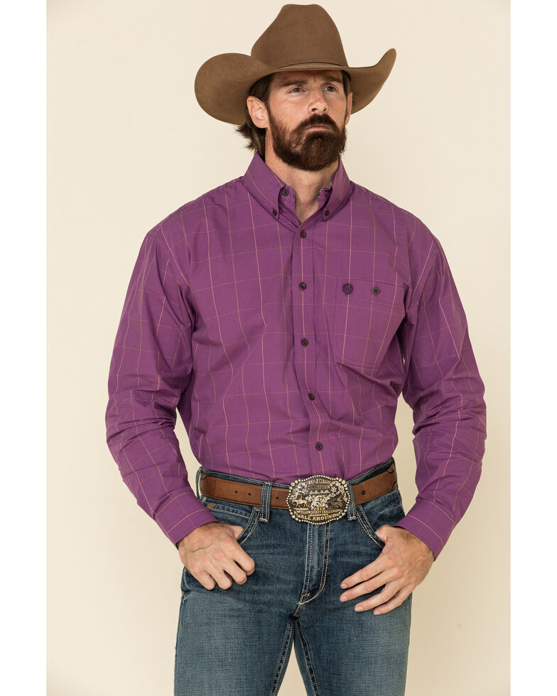George Strait By Wrangler Men's Plum Micro Check Plaid Long Sleeve Western Shirt , Purple, hi-res