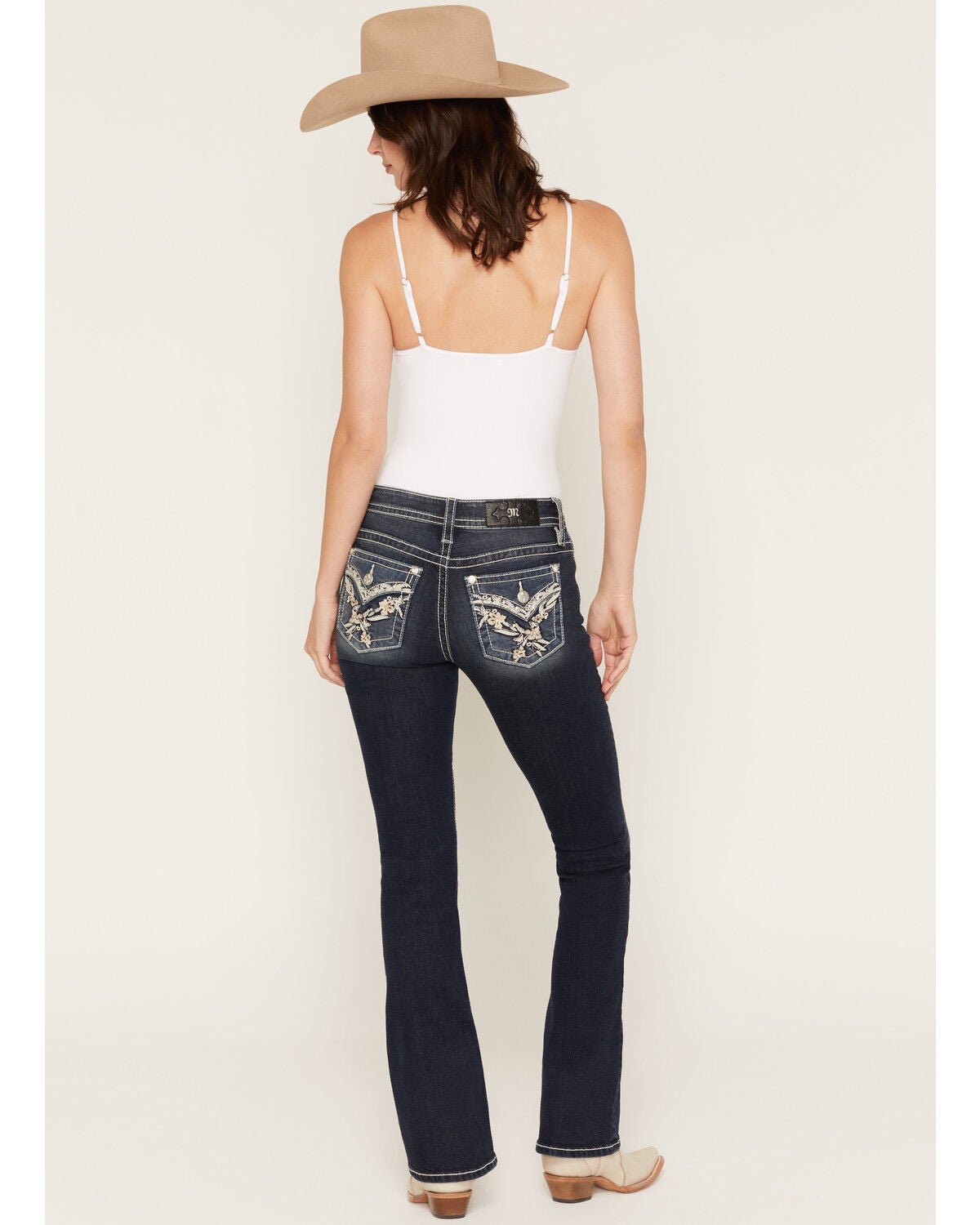 Image #1 - Miss Me Women's Dark Wash Floral Pocket 32" Bootcut Stretch Denim Jeans, Dark Wash, hi-res