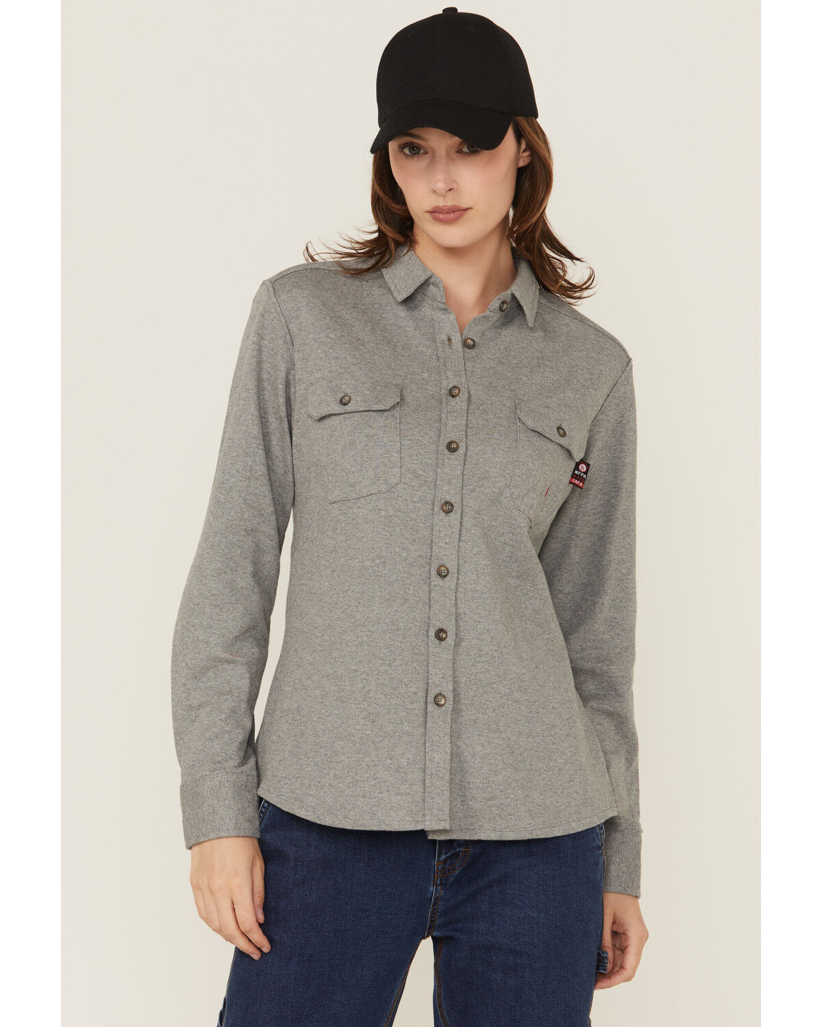 Image #1 - Forge Workwear Women's FR Knit Long Sleeve Button-Down Work Shirt, Grey, hi-res