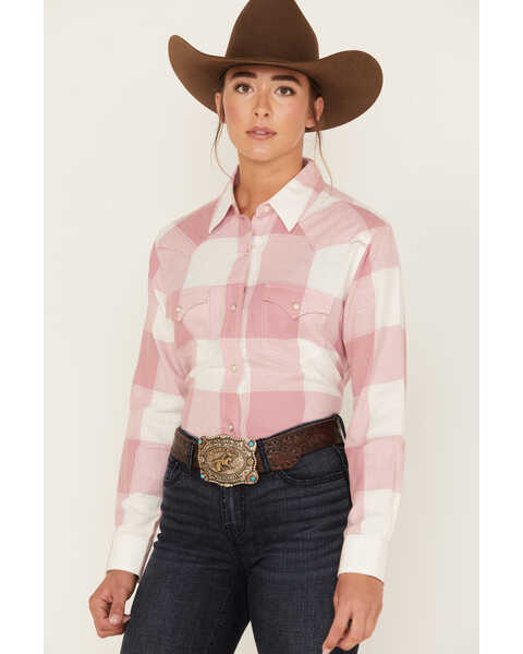 Image #2 - Wrangler Women's Buffalo Check Print Long Sleeve Western Flannel Pearl Snap Shirt, Blush, hi-res