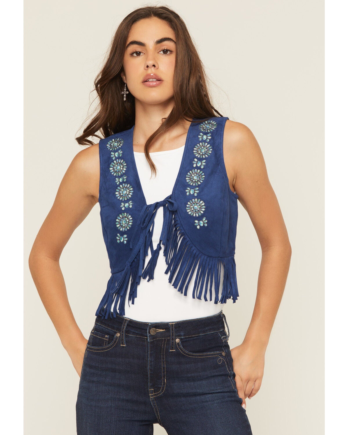 Shyanne Women's Embroidered Faux Suede Cropped Vest, Navy, hi-res