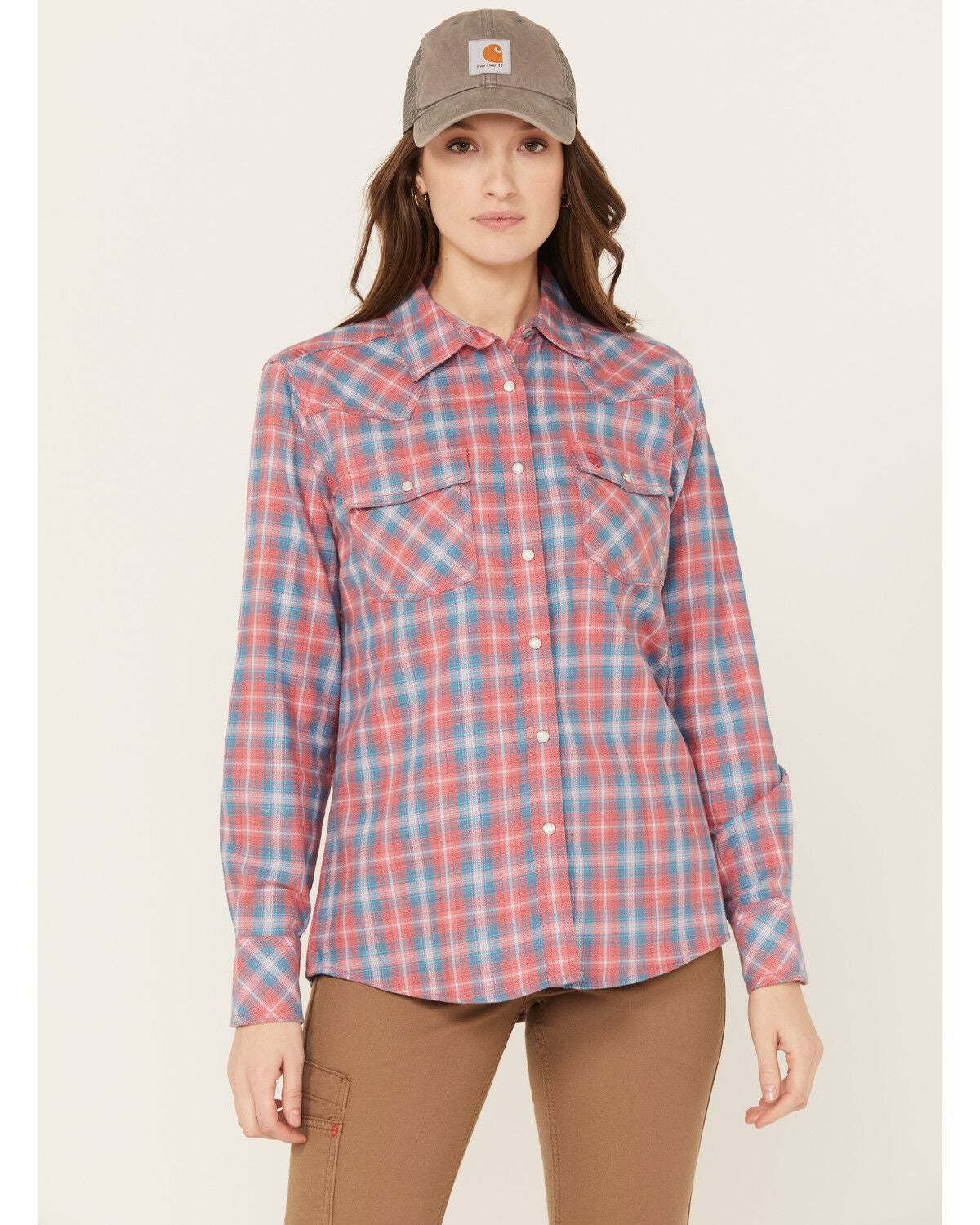 Image #1 - Ariat Women's FR Plaid Print Long Sleeve Button-Down Work Shirt, Coral, hi-res