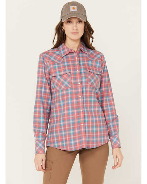 Image #1 - Ariat Women's FR Plaid Print Long Sleeve Button Down Work Shirt, Coral, hi-res
