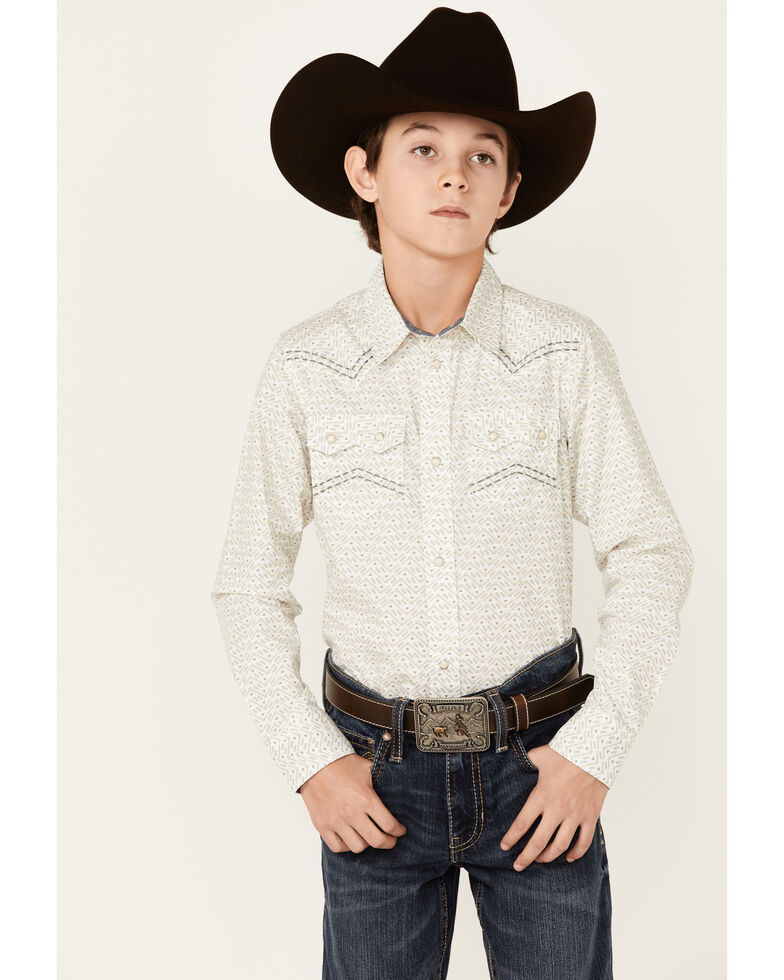 Cody James Boys' Crackle Southwestern Print Long Sleeve Snap Western Shirt , White, hi-res