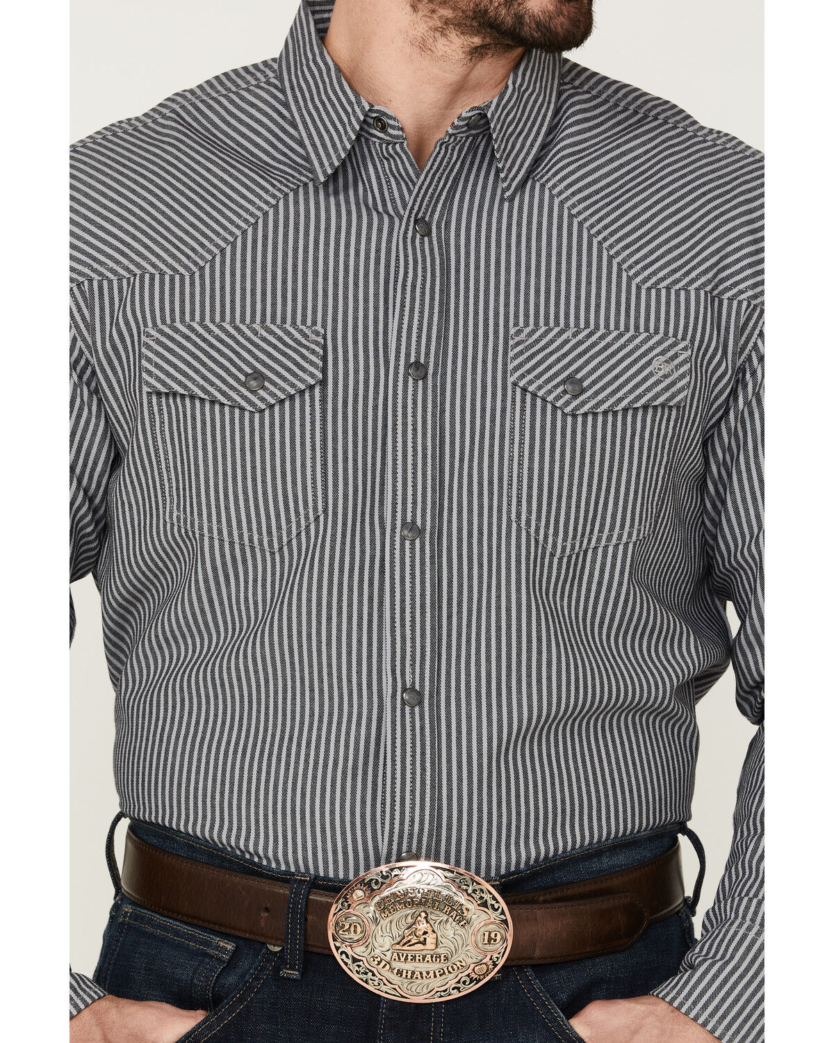 Image #3 - Blue Ranchwear Men's Stripe Washed Long Sleeve Snap Heavy Western Shirt, Light Grey, hi-res
