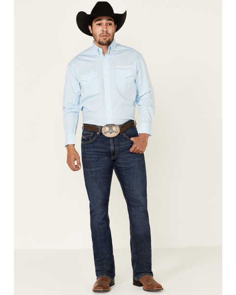Wrangler Men's Geo Print Logo Long Sleeve Western Shirt , Blue, hi-res
