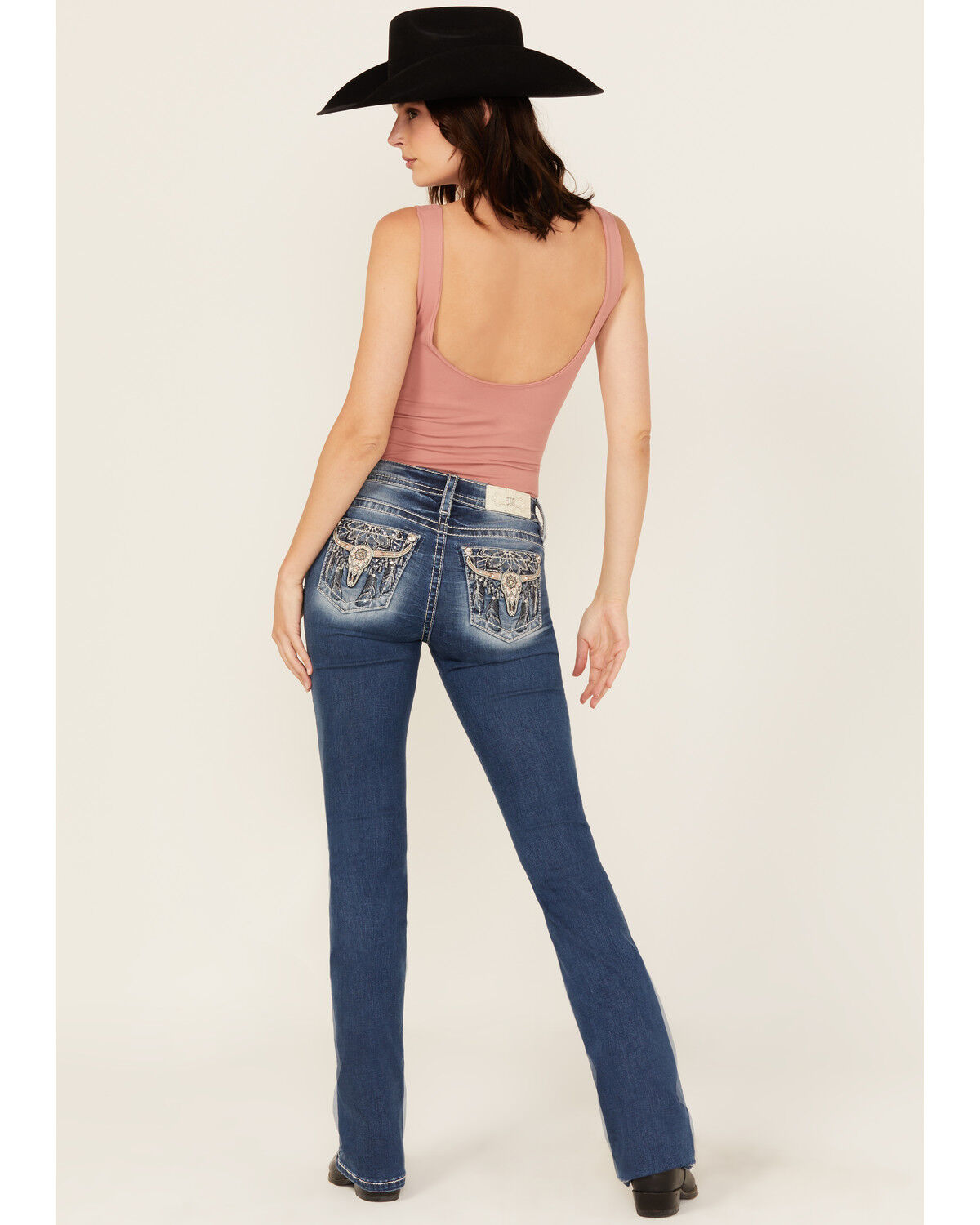 Image #1 - Miss Me Women's Medium Wash Mid Rise Steer Head 34" Bootcut Stretch Denim Jeans, Medium Wash, hi-res