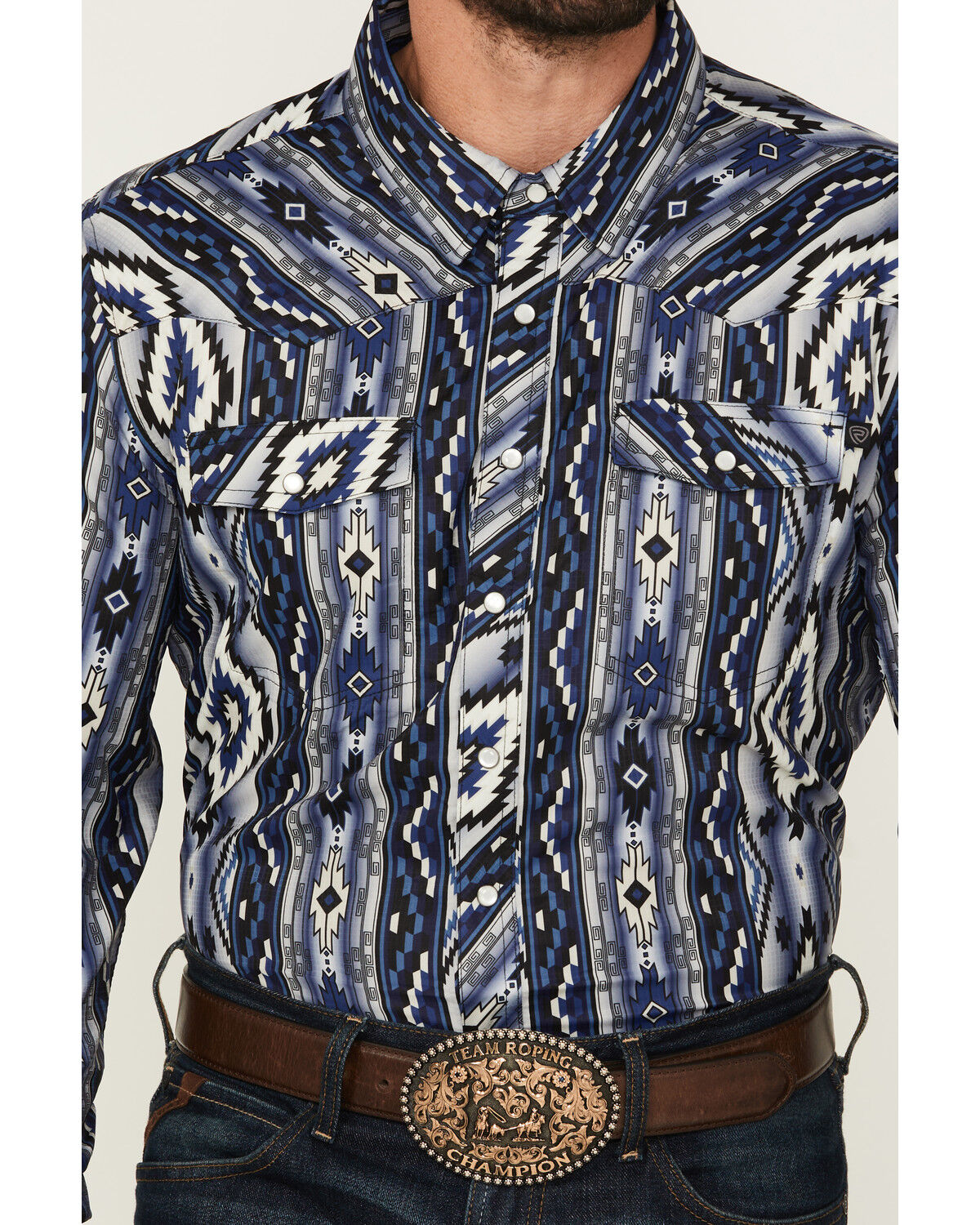 Image #3 - Rock & Roll Denim Men's Tek Southwestern Print Long Sleeve Pearl Snap Western Shirt, Blue, hi-res