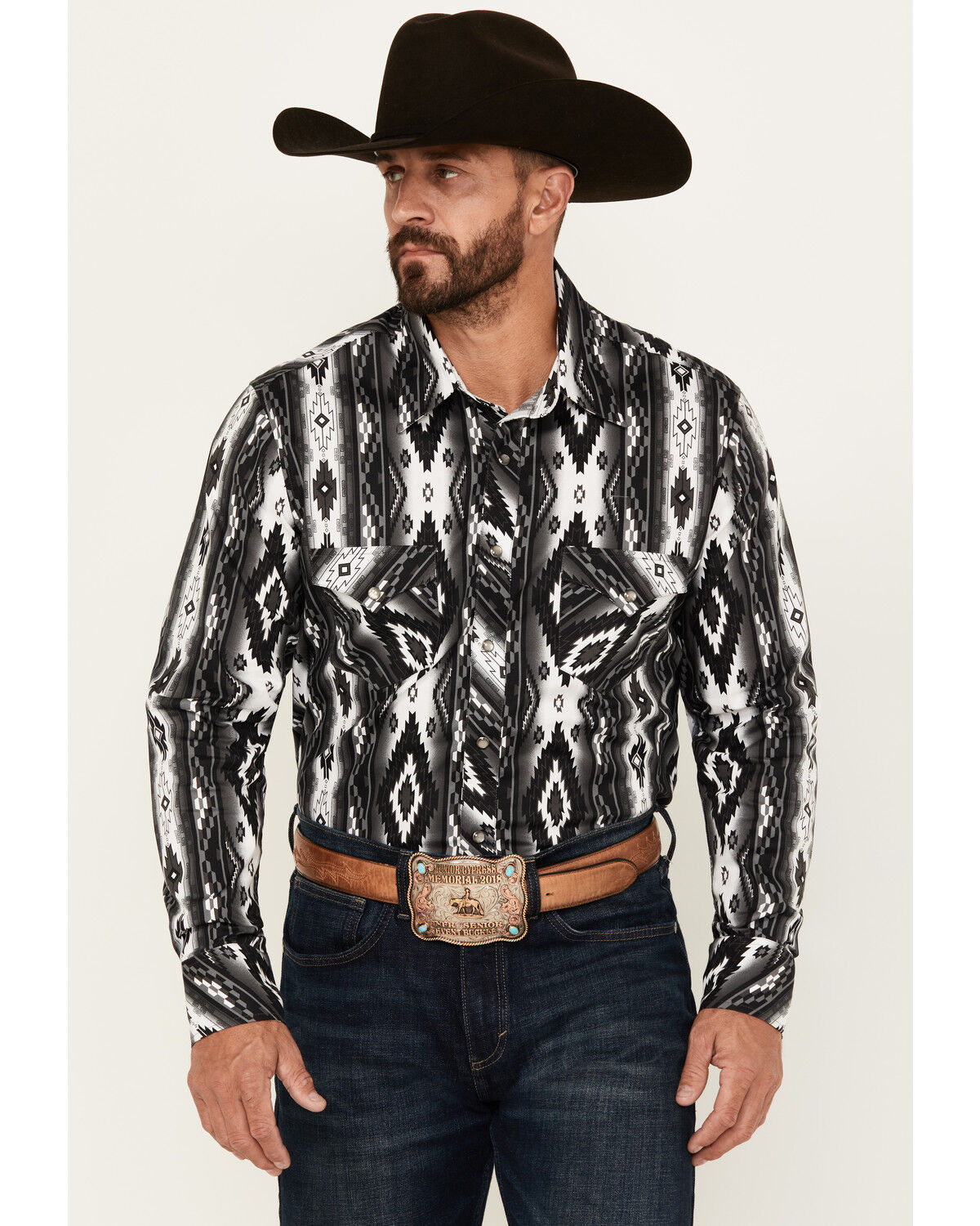 Image #1 - Rock & Roll Denim Men's Southwestern Print Long Sleeve Pearl Snap Stretch Western Shirt, Black, hi-res