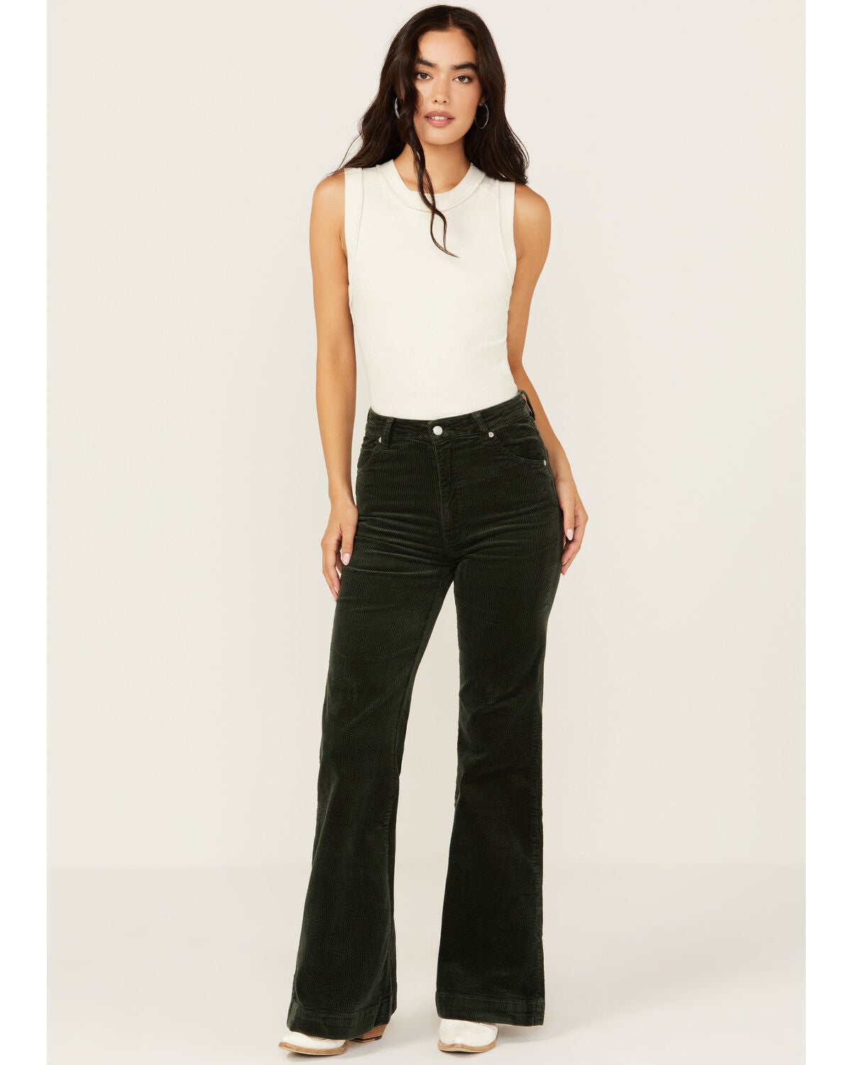Rolla's Women's High Rise Eastcoast Corduroy Stretch Flare Jeans, Dark Green, hi-res