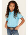 Image #1 - Shyanne Girls' Shadow Dobby Print Short Sleeve Snap Western Shirt, Light Blue, hi-res