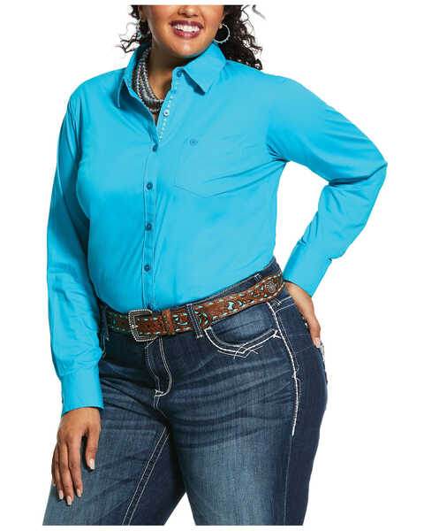 Image #1 - Ariat Women's Kirby Bluebird Stretch Button Down Long Sleeve Shirt - Plus, Turquoise, hi-res