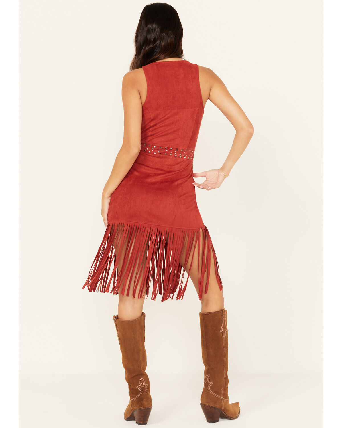 Image #4 - Rock & Roll Denim Women's Faux Suede Fringe Belted Mini Dress, Rust Copper, hi-res