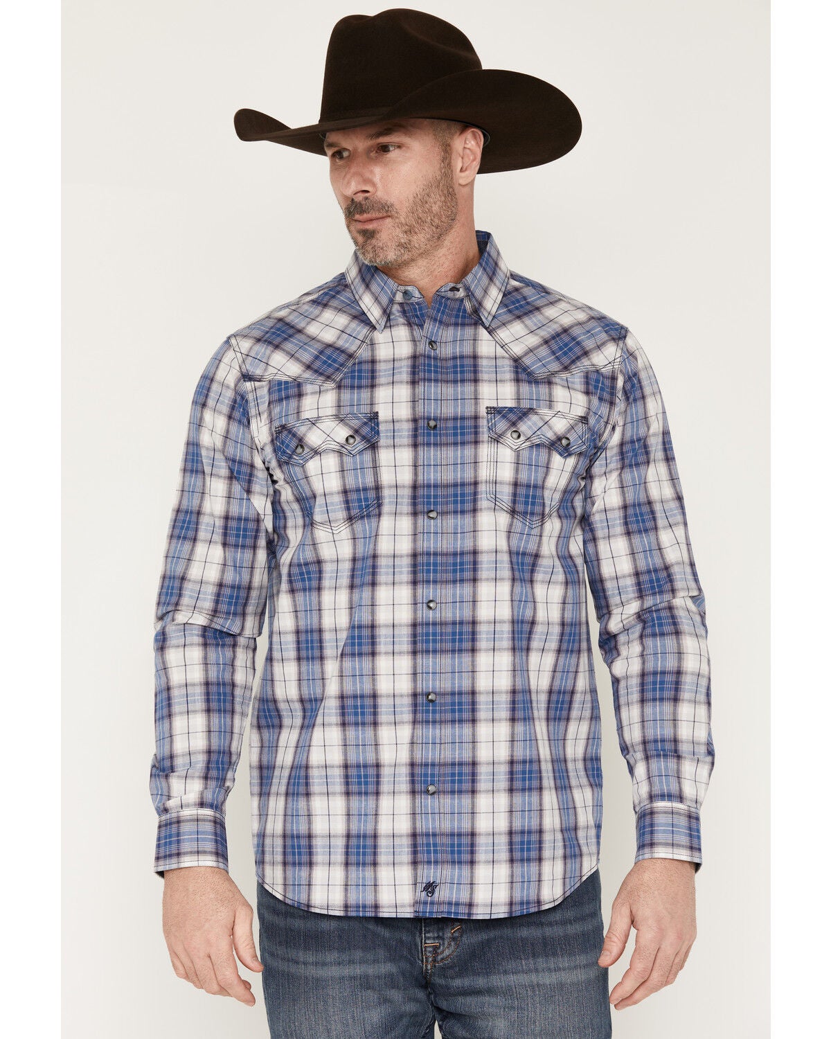 Image #1 - Moonshine Spirit&reg; Men's Burning Blue Plaid Print Long Sleeve Snap Western Shirt, Blue, hi-res