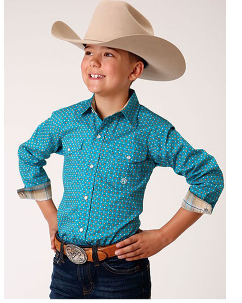 Roper Boys' Amarillo Geo Print Long Sleeve Western Snap Shirt, Blue, hi-res