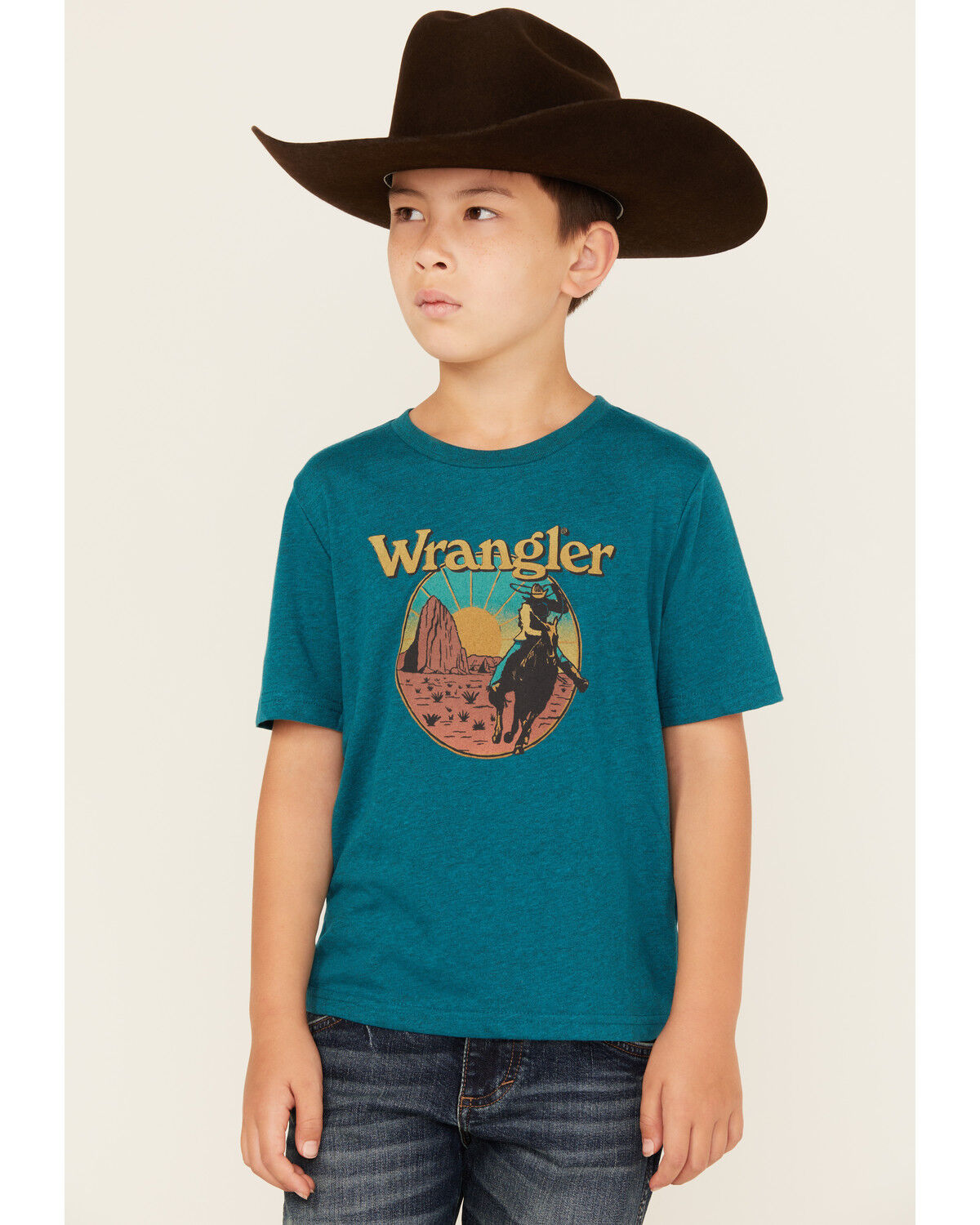Image #1 - Wrangler Boys' Logo Desert Short Sleeve Graphic T-Shirt, Teal, hi-res