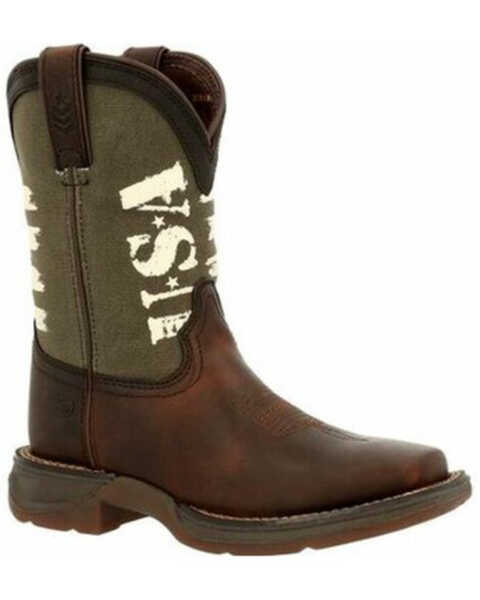 Image #1 - Durango Boys' Lil' Rebel USA Flag Army Western Boots - Square Toe, Dark Brown, hi-res