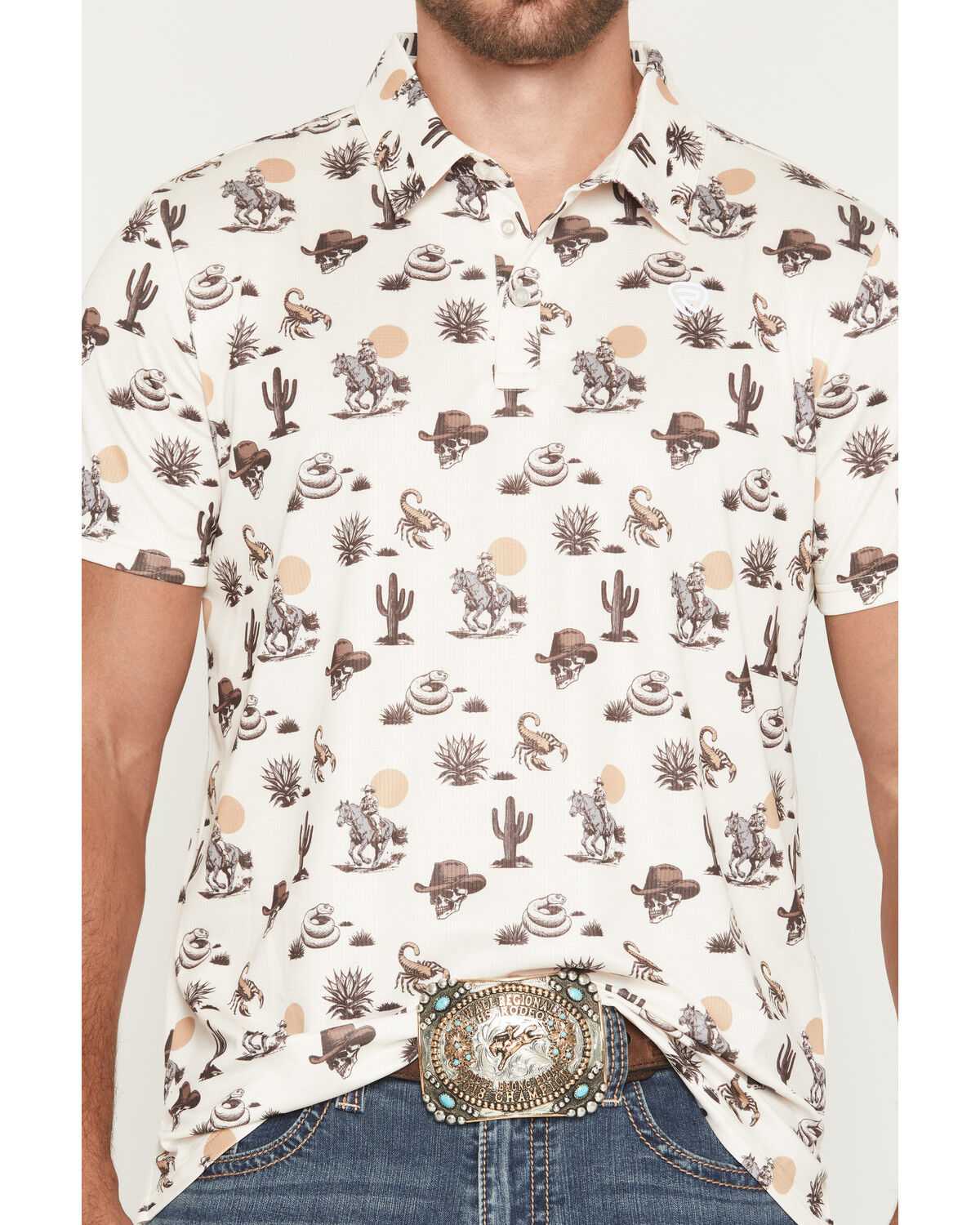 Image #3 - Rock & Roll Denim Men's Conversational Print Short Sleeve Stretch Polo, Natural, hi-res