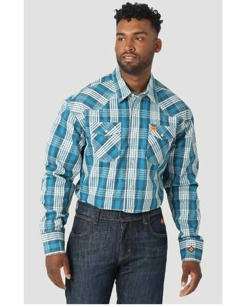 Wrangler 20X Men's FR Plaid Print Long Sleeve Snap Western Work Shirt, Aqua, hi-res