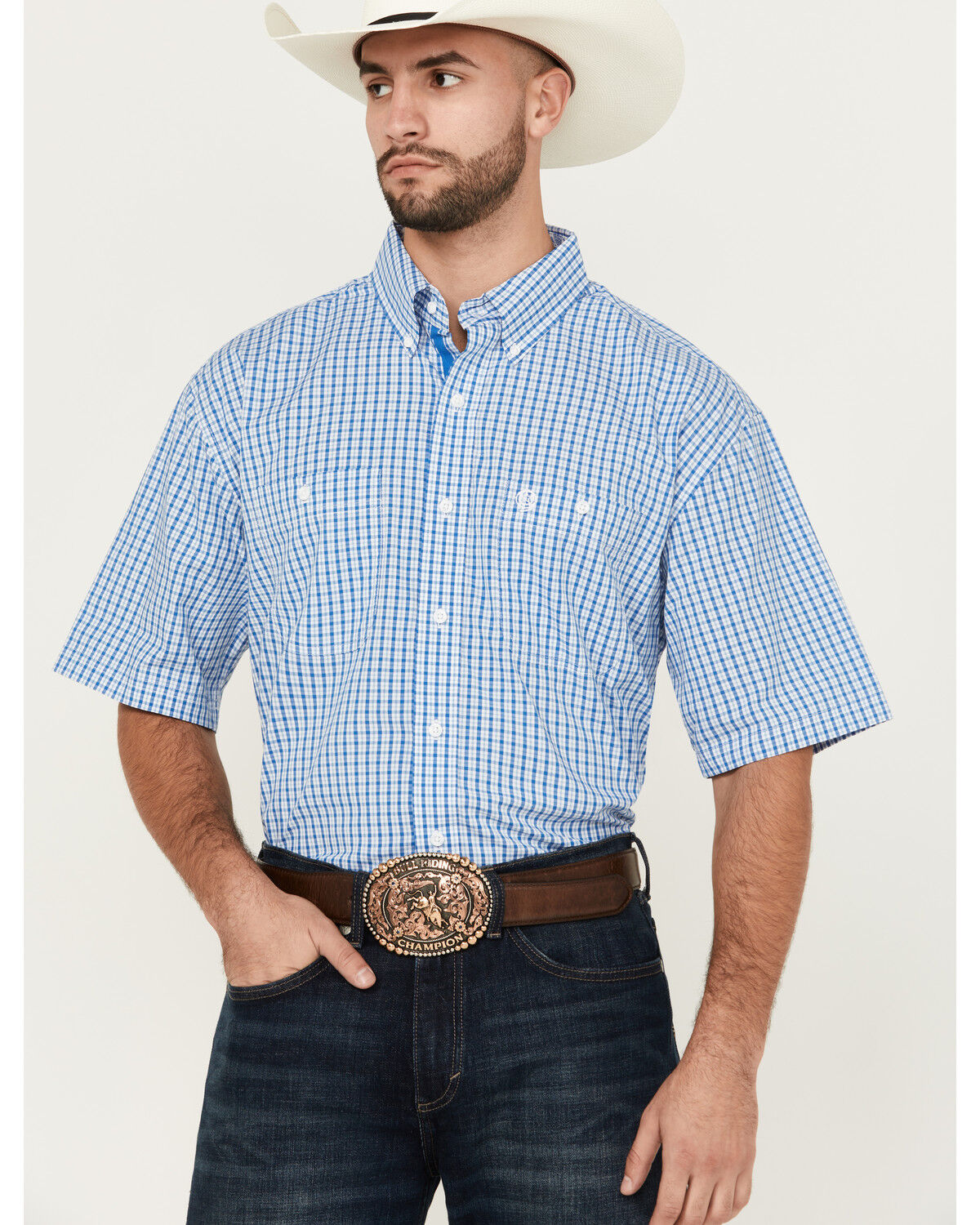 Image #1 - George Strait by Wrangler Men's Plaid Print Short Sleeve Button-Down Stretch Western Shirt, Blue, hi-res