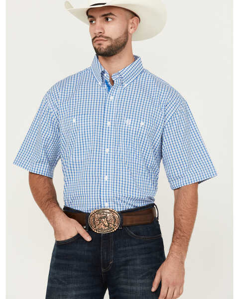 Image #1 - George Strait by Wrangler Men's Plaid Print Short Sleeve Button-Down Stretch Western Shirt , Blue, hi-res