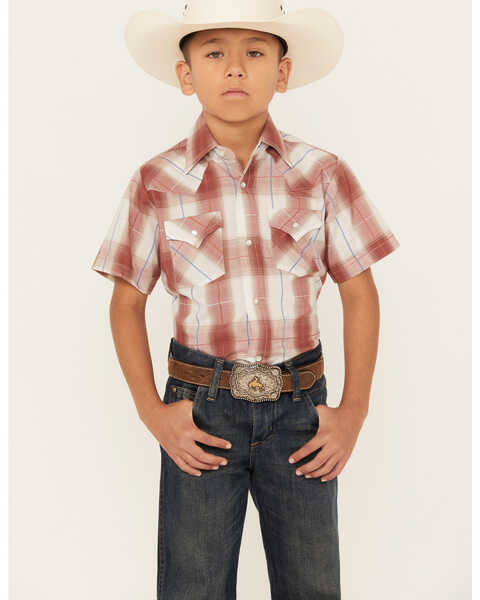 Ely Walker Boys' Textured Dobby Plaid Print Short Sleeve Pearl Snap Western Shirt, Rust Copper, hi-res