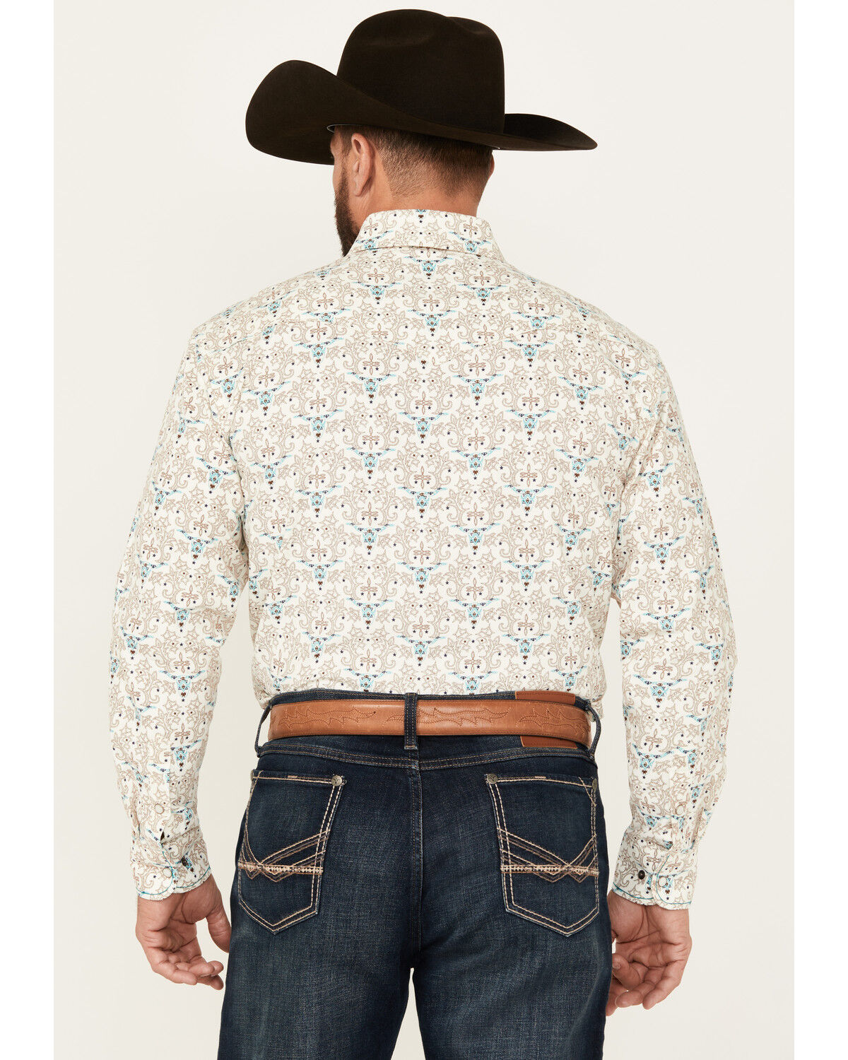 Image #4 - Rough Stock by Panhandle Men's Steer Head Print Long Sleeve Pearl Snap Western Shirt, Natural, hi-res