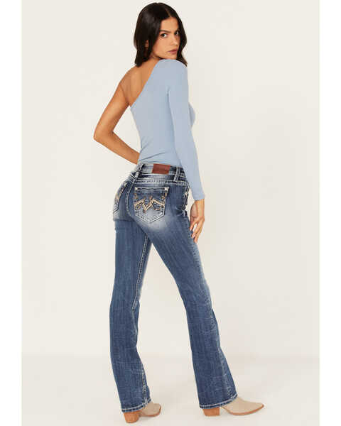 Miss Me Women's Medium Wash Mid Rise Sequin & Rhinestone Embroidered Bootcut Jeans, Medium Blue, hi-res