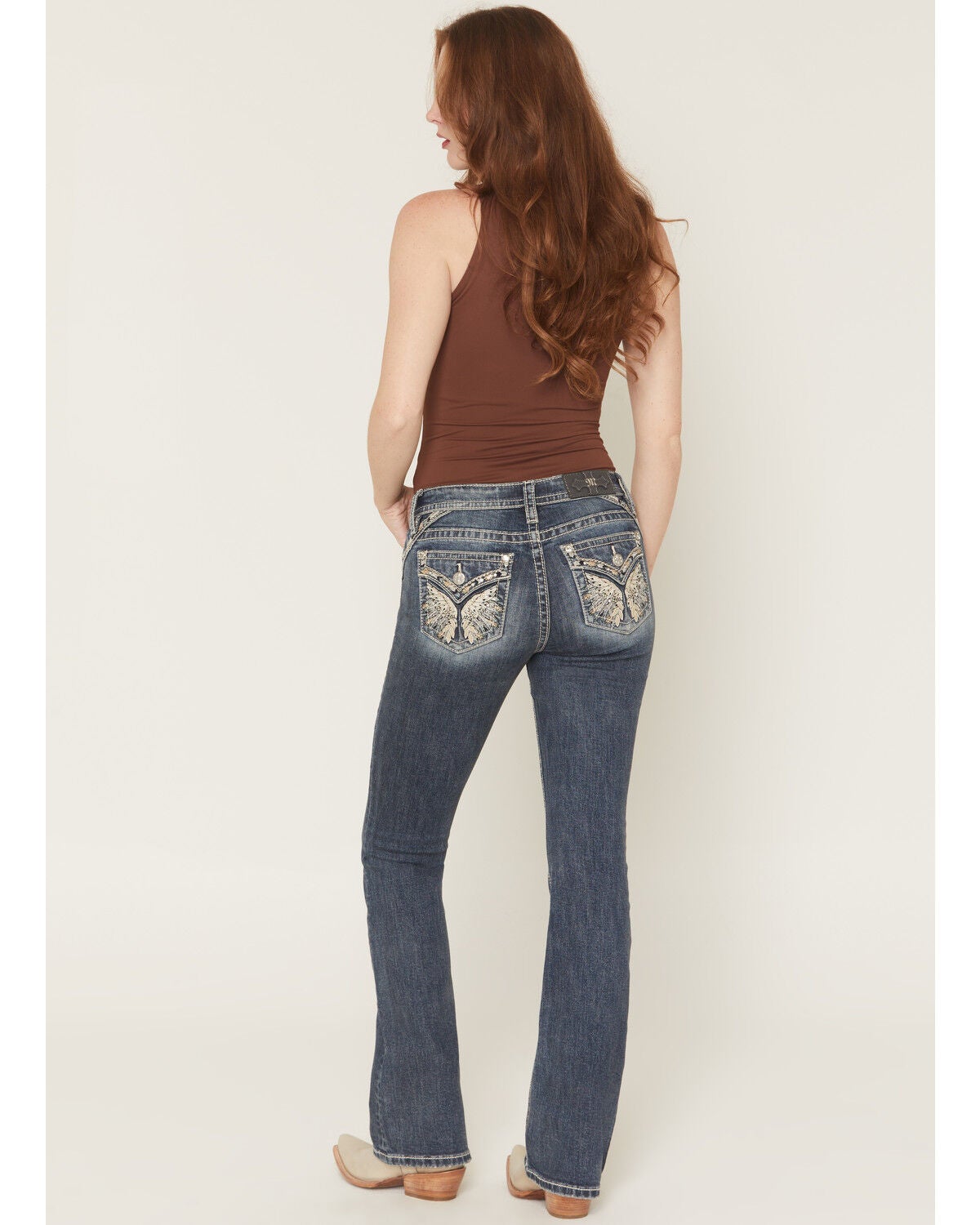 Image #1 - Miss Me Women's Medium Wash Mid Rise Wing Pocket 32" Bootcut Stretch Denim Jeans, Medium Wash, hi-res