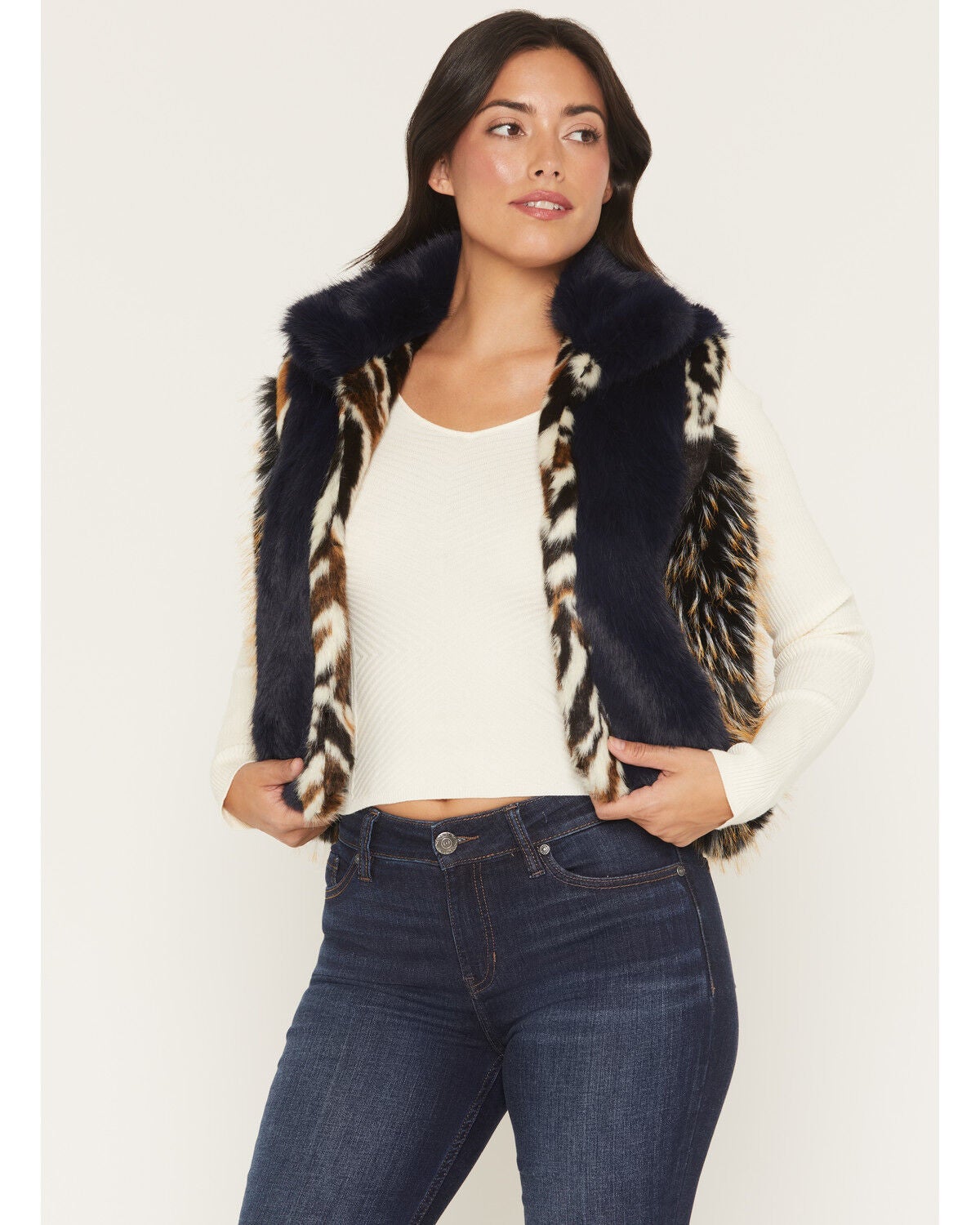 Azalea Wang Women's Boot Barn Exclusive Faux Fur Striped Vest, Navy, hi-res