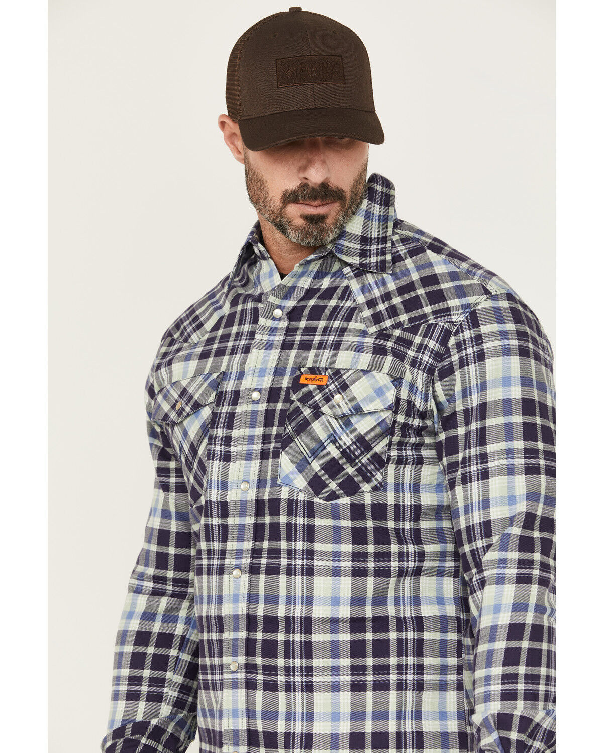 Image #2 - Wrangler Men's FR Plaid Print Long Sleeve Snap Work Shirt, Blue, hi-res
