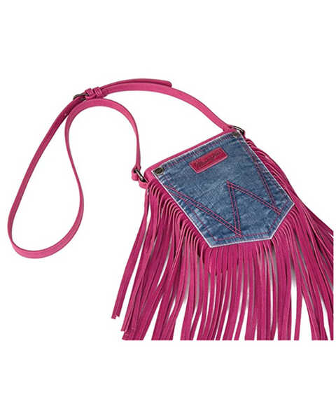 Image #4 - Wrangler Women's Leather Fringe Denim Jean Pocket Crossbody Bag, Hot Pink, hi-res