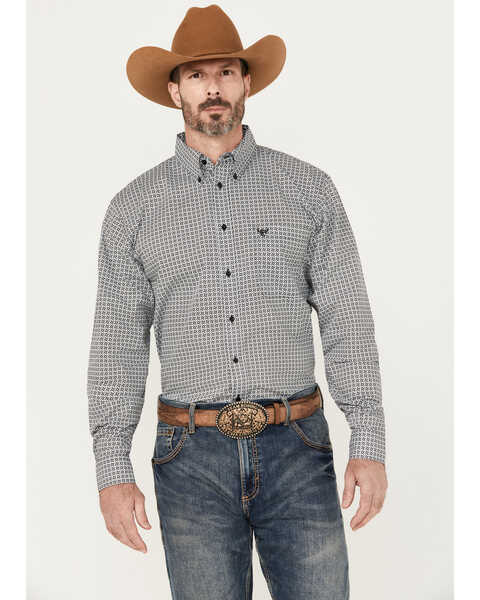 Image #1 - Cowboy Hardware Men's Twisted Adobe Geo Print Long Sleeve Button-Down Western Shirt, Black, hi-res