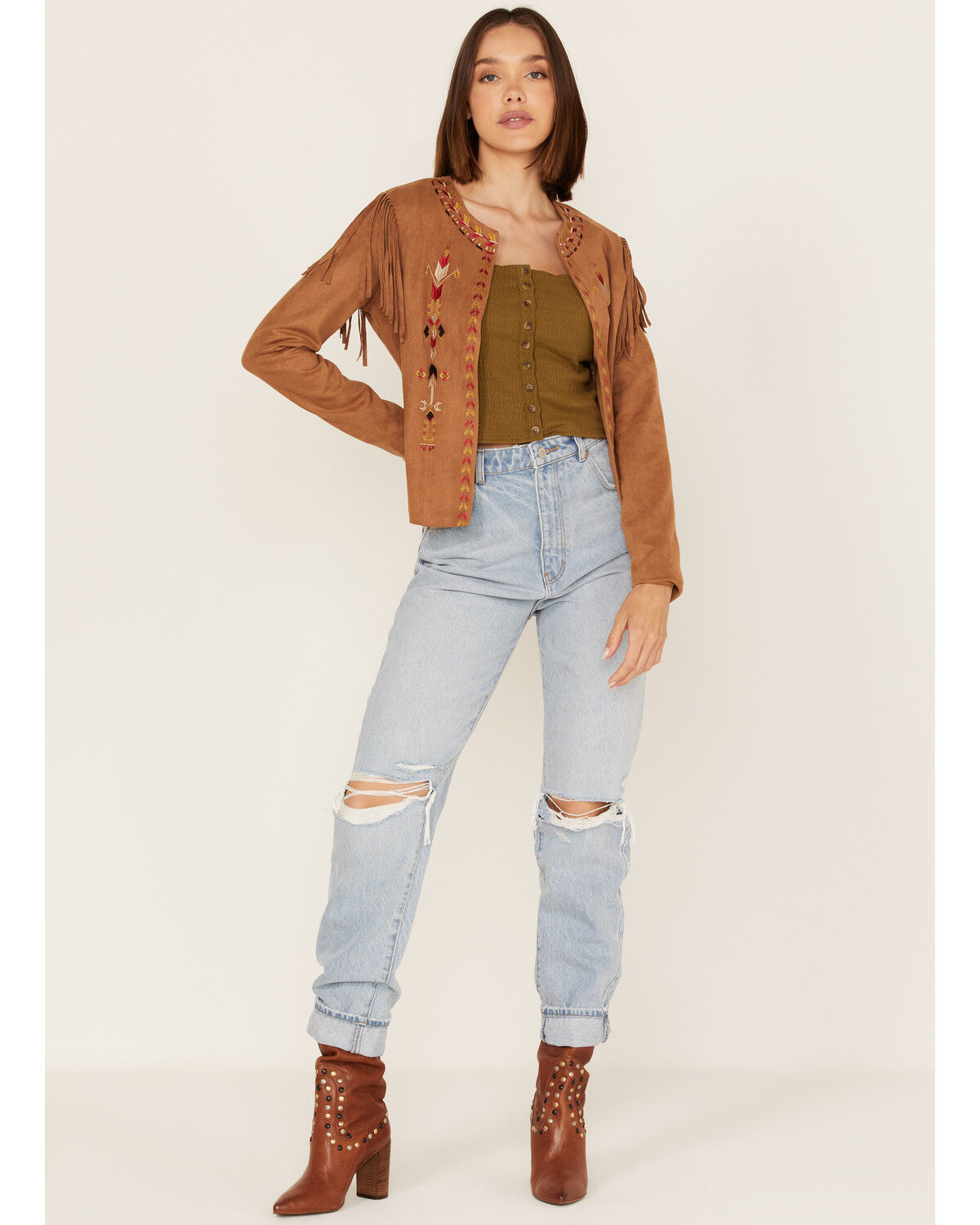 Image #2 - Fornia Women's Faux Suede Fringe Open Jacket, Camel, hi-res