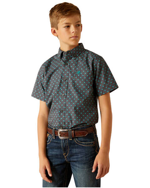 Ariat Boys' Geo Print Short Sleeve Button-Down Western Shirt , Grey, hi-res